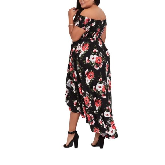 TORRID Challis Maxi Dress BLACK FLORAL PINK size 00 M 10 Hi-Low Off-Shoulder - Picture 9 of 11
